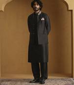 Black chanderi kurta with salwar and nehru jacket set