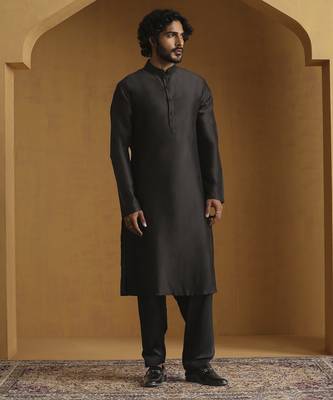 Black chanderi kurta with salwar and nehru jacket set 2