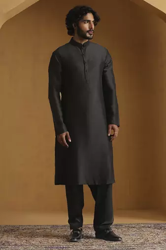 Black chanderi kurta with salwar and nehru jacket set