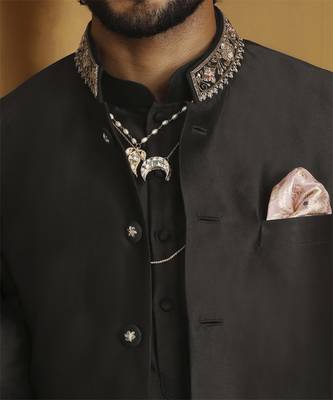 Black chanderi kurta with salwar and nehru jacket set 3