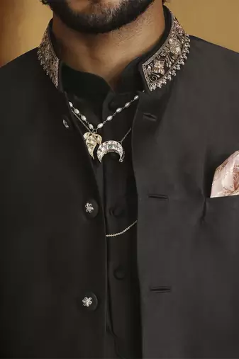 Black chanderi kurta with salwar and nehru jacket set