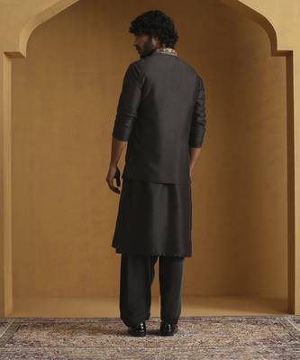 Black chanderi kurta with salwar and nehru jacket set 4