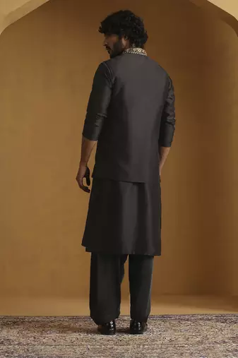 Black chanderi kurta with salwar and nehru jacket set