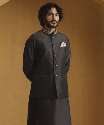 Black chanderi kurta with salwar and nehru jacket set 5