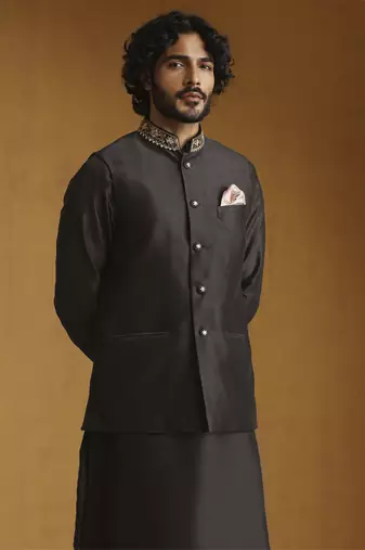 Black chanderi kurta with salwar and nehru jacket set