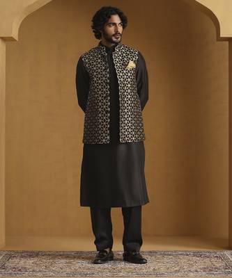 Black chanderi kurta with salwar and moonga silk nehru jacket set 1