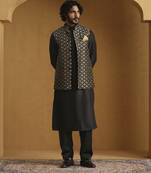 Black chanderi kurta with salwar and moonga silk nehru jacket set