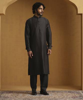 Black chanderi kurta with salwar and moonga silk nehru jacket set 2