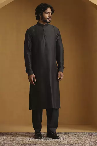 Black chanderi kurta with salwar and moonga silk nehru jacket set