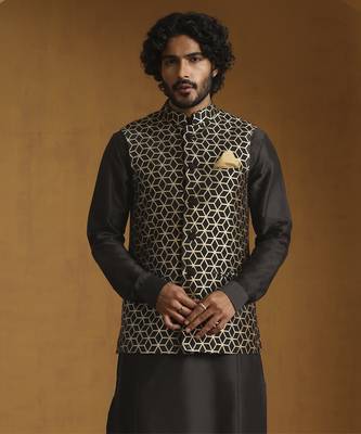 Black chanderi kurta with salwar and moonga silk nehru jacket set 4