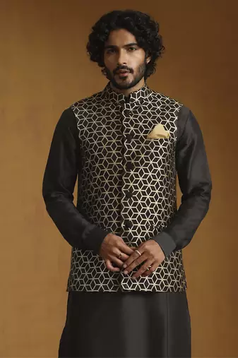 Black chanderi kurta with salwar and moonga silk nehru jacket set