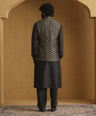 Black chanderi kurta with salwar and moonga silk nehru jacket set 5