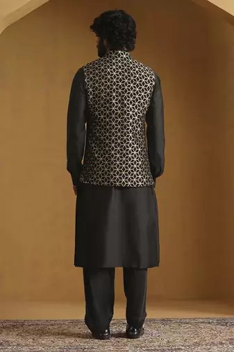 Black chanderi kurta with salwar and moonga silk nehru jacket set