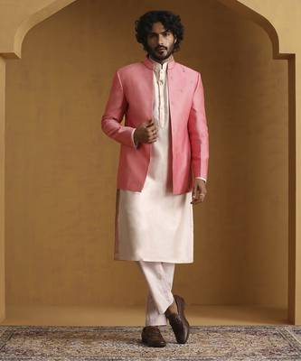 Pink chanderi kurta set with bandhgala jacket set 1