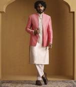 Pink chanderi kurta set with bandhgala jacket set