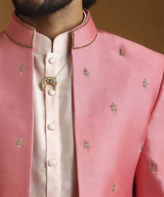 Pink chanderi kurta set with bandhgala jacket set 2