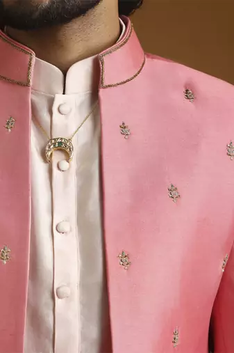 Pink chanderi kurta set with bandhgala jacket set