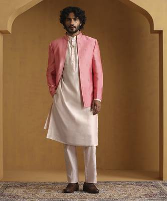 Pink chanderi kurta set with bandhgala jacket set 3