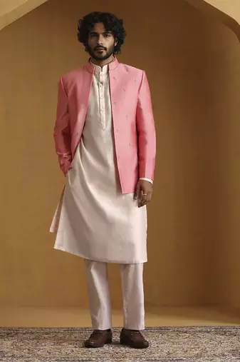 Pink chanderi kurta set with bandhgala jacket set