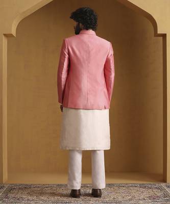 Pink chanderi kurta set with bandhgala jacket set 4