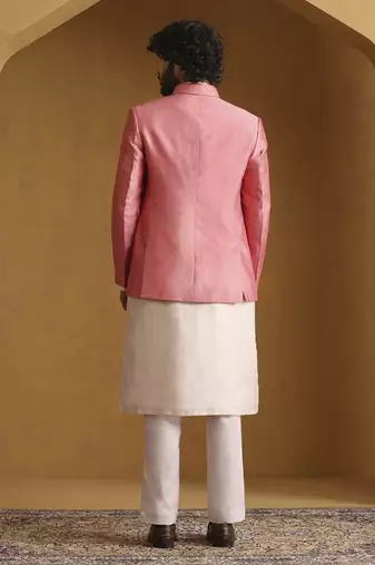 Pink chanderi kurta set with bandhgala jacket set