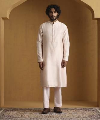 Pink chanderi kurta set with bandhgala jacket set 5
