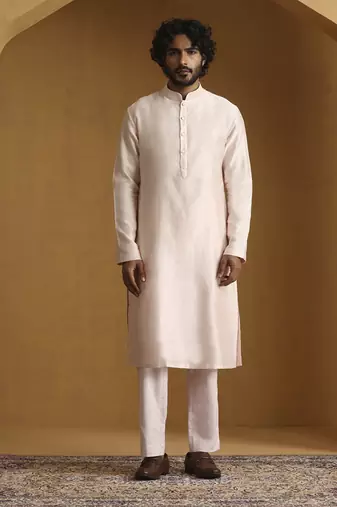 Pink chanderi kurta set with bandhgala jacket set