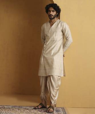 gold tussar silk kurta with embroidered design 1