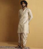 Gold tussar silk angrakha kurta with satin silk dhoti set