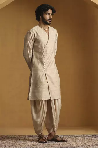 gold tussar silk kurta with embroidered design