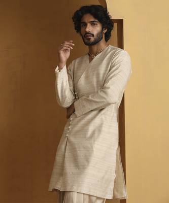 gold tussar silk kurta with embroidered design 3