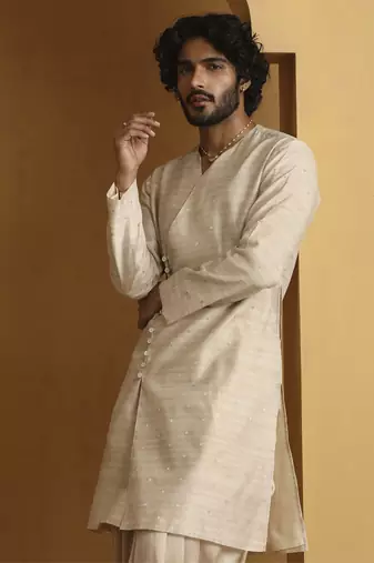 gold tussar silk kurta with embroidered design