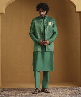 Emerald green chanderi kurta set with tissue nehru jacket set 1