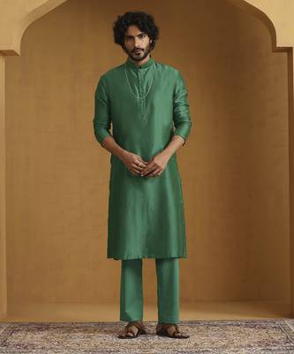 Emerald green chanderi kurta set with tissue nehru jacket set 2