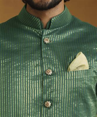 Emerald green chanderi kurta set with tissue nehru jacket set 3