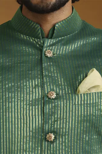 Emerald green chanderi kurta set with tissue nehru jacket set