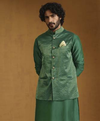 Emerald green chanderi kurta set with tissue nehru jacket set 4