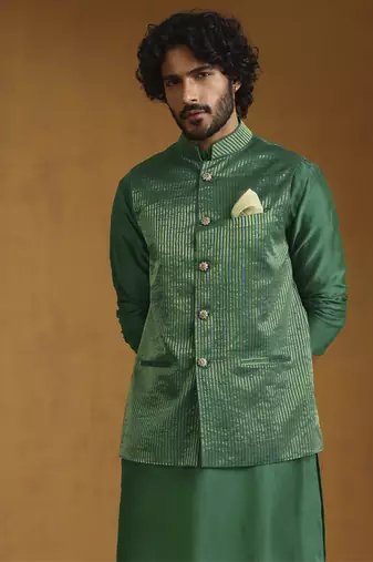 Emerald green chanderi kurta set with tissue nehru jacket set