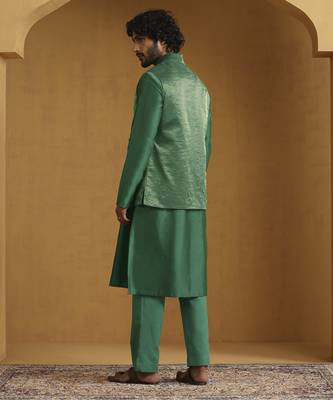 Emerald green chanderi kurta set with tissue nehru jacket set 5