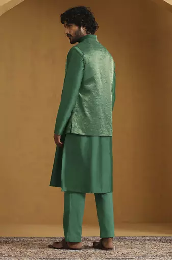 Emerald green chanderi kurta set with tissue nehru jacket set