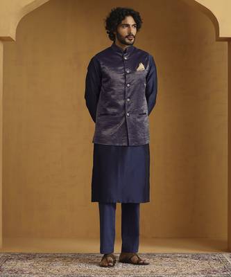 Navy blue chanderi kurta set with tissue nehru jacket set 1