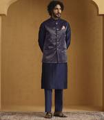 Navy blue chanderi kurta set with tissue nehru jacket set