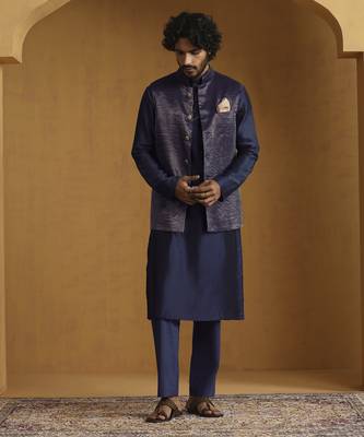 Navy blue chanderi kurta set with tissue nehru jacket set 2