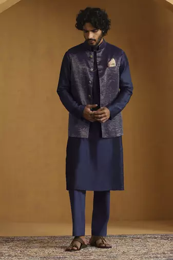 Navy blue chanderi kurta set with tissue nehru jacket set