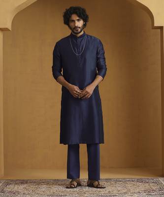Navy blue chanderi kurta set with tissue nehru jacket set 3