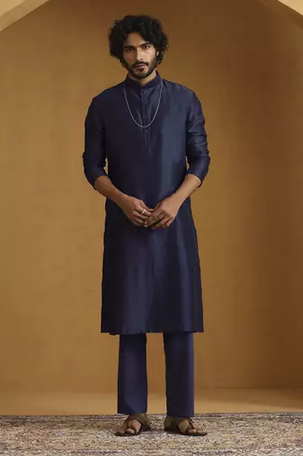 Navy blue chanderi kurta set with tissue nehru jacket set