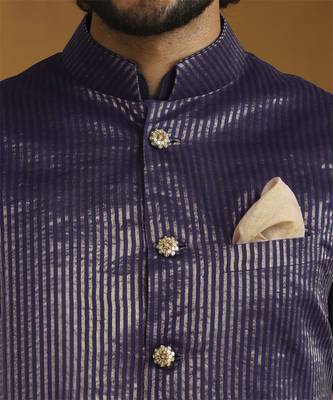 Navy blue chanderi kurta set with tissue nehru jacket set 4