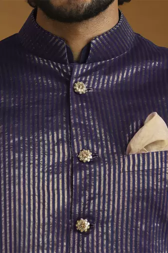 Navy blue chanderi kurta set with tissue nehru jacket set