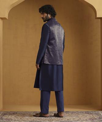Navy blue chanderi kurta set with tissue nehru jacket set 5
