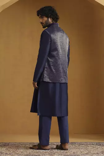 Navy blue chanderi kurta set with tissue nehru jacket set